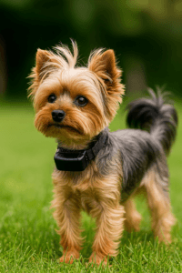 Yorkshire Terrier wearing a lightweight shock collar for training.”